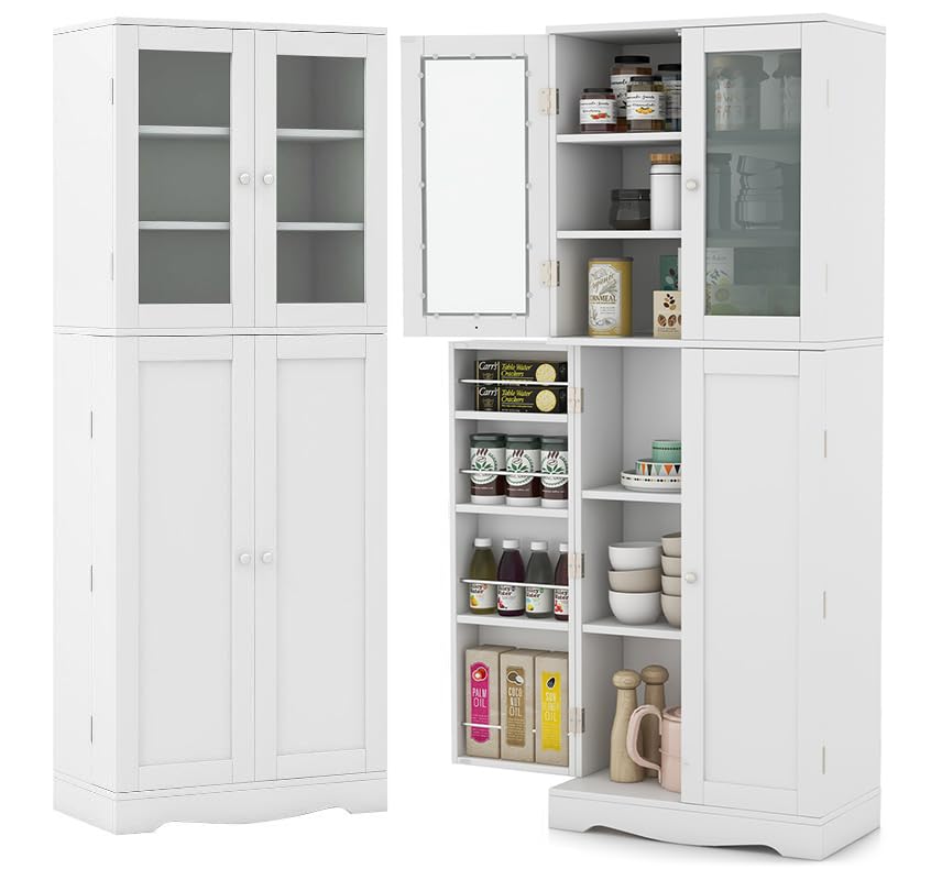LOKO 63.5" Tall Kitchen Pantry Storage Cabinet, Utility Food Buffet Cabinet with Glass Doors, Storage Shelves, Door Racks