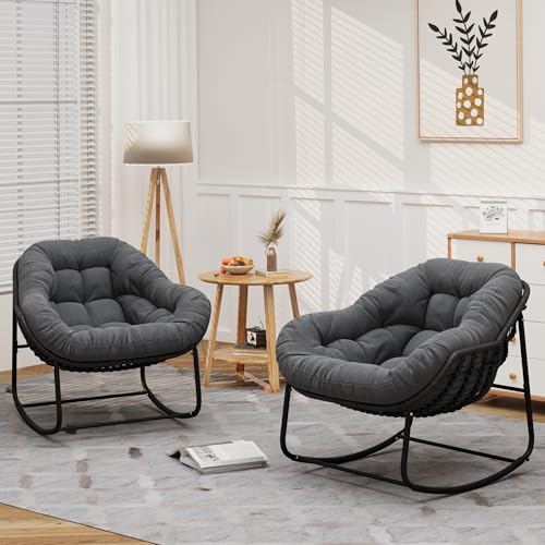 Outdoor Indoor Rocking Chair, Patio Wicker Egg Chair, Indoor & Outdoor Comfy Oversized Papasan Chair with Padded Cushion