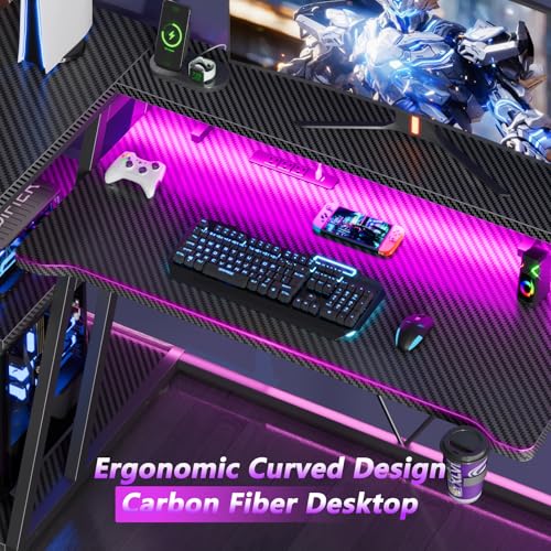 55 Inch Gaming Desk with Power Outlet & LED Lights, L Shaped Gamer Computer Table with Storage Shelves for Bedroom, Corner Home Office Desk