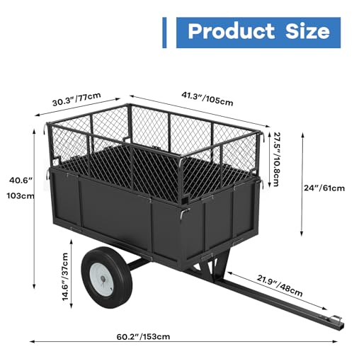 Heavy Duty 750 Lbs Utility Trailer – 17 Cu Ft ATV Dump Trailer with Removable Sides, Pneumatic Tires & Quick-Dump Pull-Behind Yard Cart for Tractors