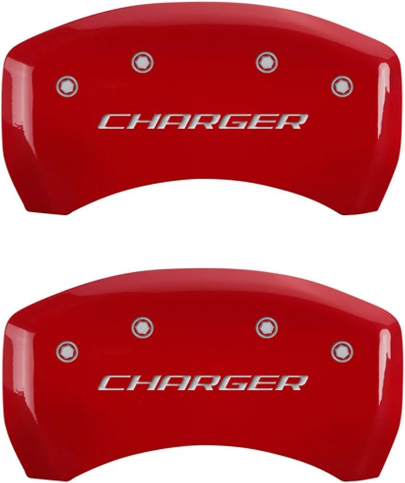 MGP Caliper Covers 12162SCHBRD Red Brake Covers Fits 2011-2020 Dodge Charger (Dual Piston Front Caliper) Engraved with Charger (Block) Front/Rear
