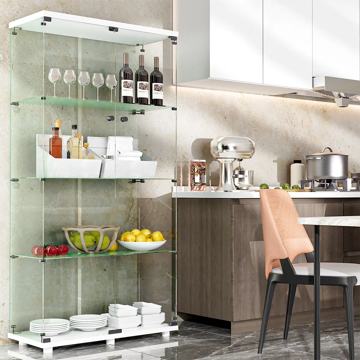 Two-door Glass Display Cabinet, Fast Installation in 50 Mins, Glass Curio Cabinets Bookshelf Display Case for Living Room Bedroom Kitchen
