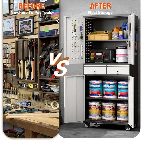 Aobabo 71" H×32" W×16" D Metal Storage Cabinet with Wheels, Garage Steel Storage Cabinet with 5 Adjustable Shelves and 4 Hooks for Home Office