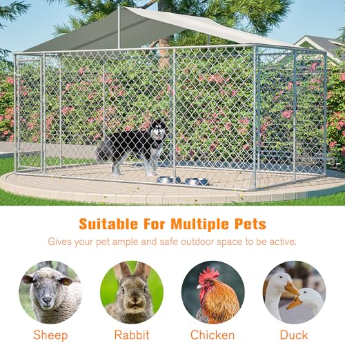 Large Outdoor Dog Kennel, Heavy Duty Galvanized Steel Dog Enclosure, Chicken Coop with Waterproof UV-Resistant Cover