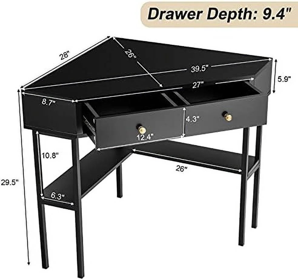 CHNJHUM Corner Desk with Drawers  90 Degrees Triangle Desk w/ Shelves and Metal Frame  Corner Writing Desk  Corner  Vanity Table  Small Corner Desks