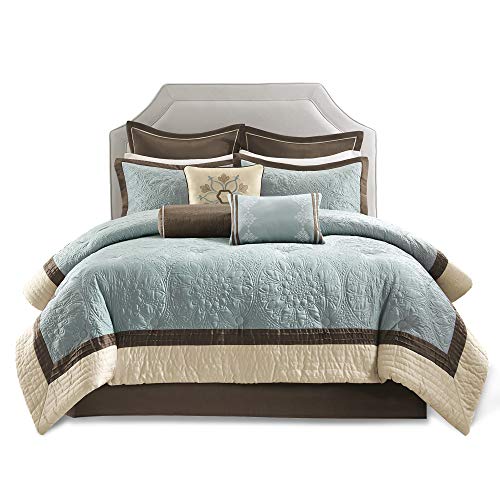 Madison Park Cozy Comforter Set Casual Modern Design All Season, Matching Bed Skirt, Decorative Pillows, King (104 x 92 in), Blue, 9 Piece