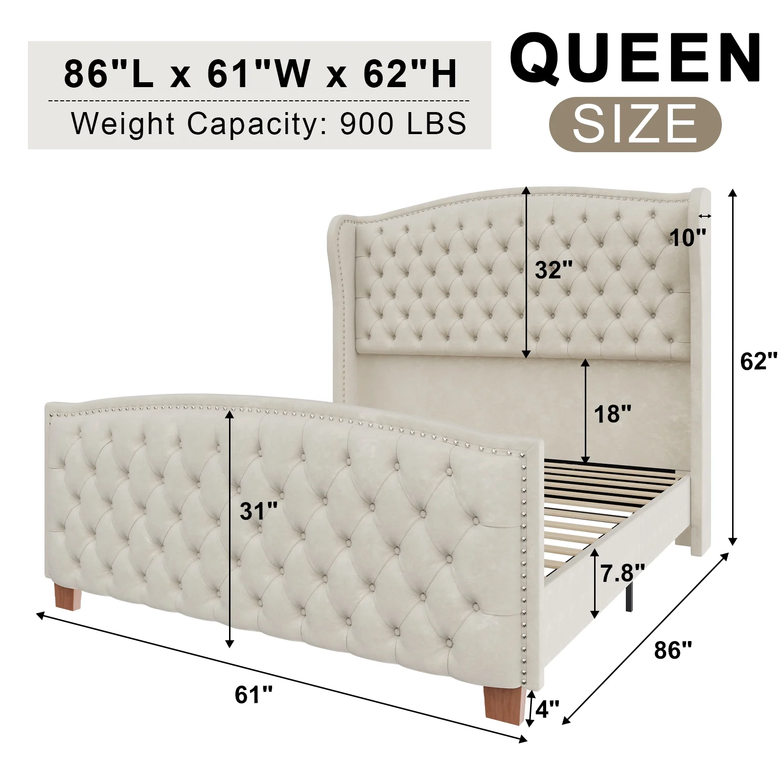 Amerlife 62" High Queen Size Platform Bed Frame, Cream