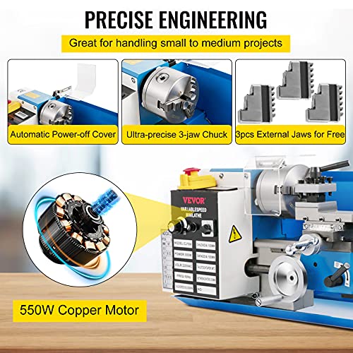 VEVOR Mini Metal Lathe, 7"x14", 550W Variable Speed 2250 RPM Metal Lathe