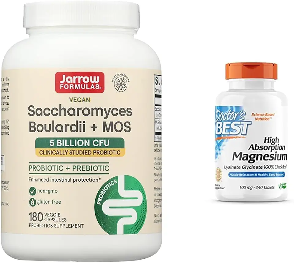 Jarrow Formulas Saccharomyces Boulardii Probiotics + MOS 5 Billion CFU Probiotic Yeast & Doctor's Best High Absorption Magnesium Glycinate Lysinate