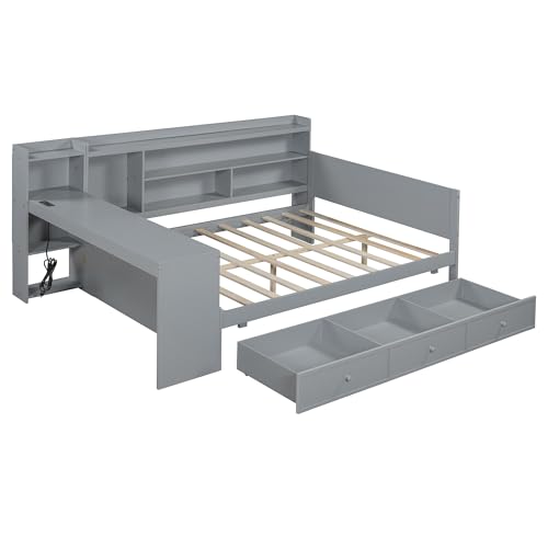 Bellemave Twin Corner Bed Frame with Storage Shelves and Desk, Wood Twin Size Daybed with Bookcase and Drawers and Storage, Gray