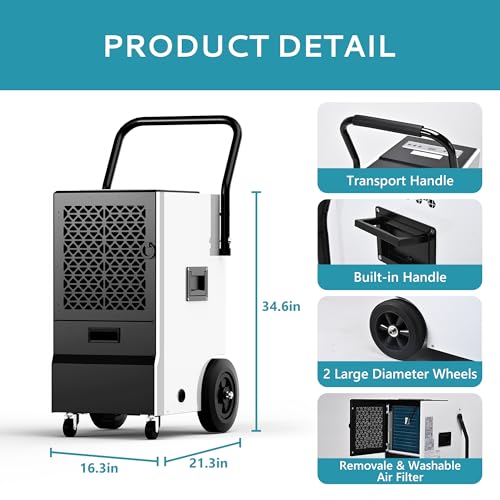 EUHOMY 160 Pints Commercial Dehumidifier for Basement,Large Dehumidifier for Basement With Drain Hose,Timer and 4 Wheels