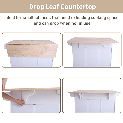 GREEN PARTY Kitchen Island on Wheels, Portable Rolling Kitchen Cart Storage Cabinet with Drop Leaf,Spice Rack, Towel Rack & Drawers-White