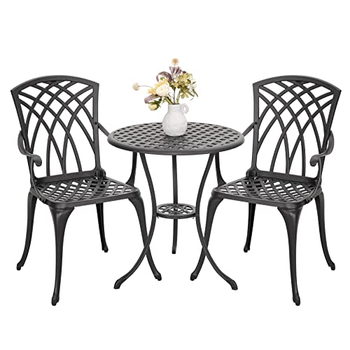 NUU GARDEN 3 Piece Bistro Set Outdoor, All Weather Cast Aluminum Patio Bistro Sets Patio Table and Chairs Set of 2 with Umbrella Hole for Yard