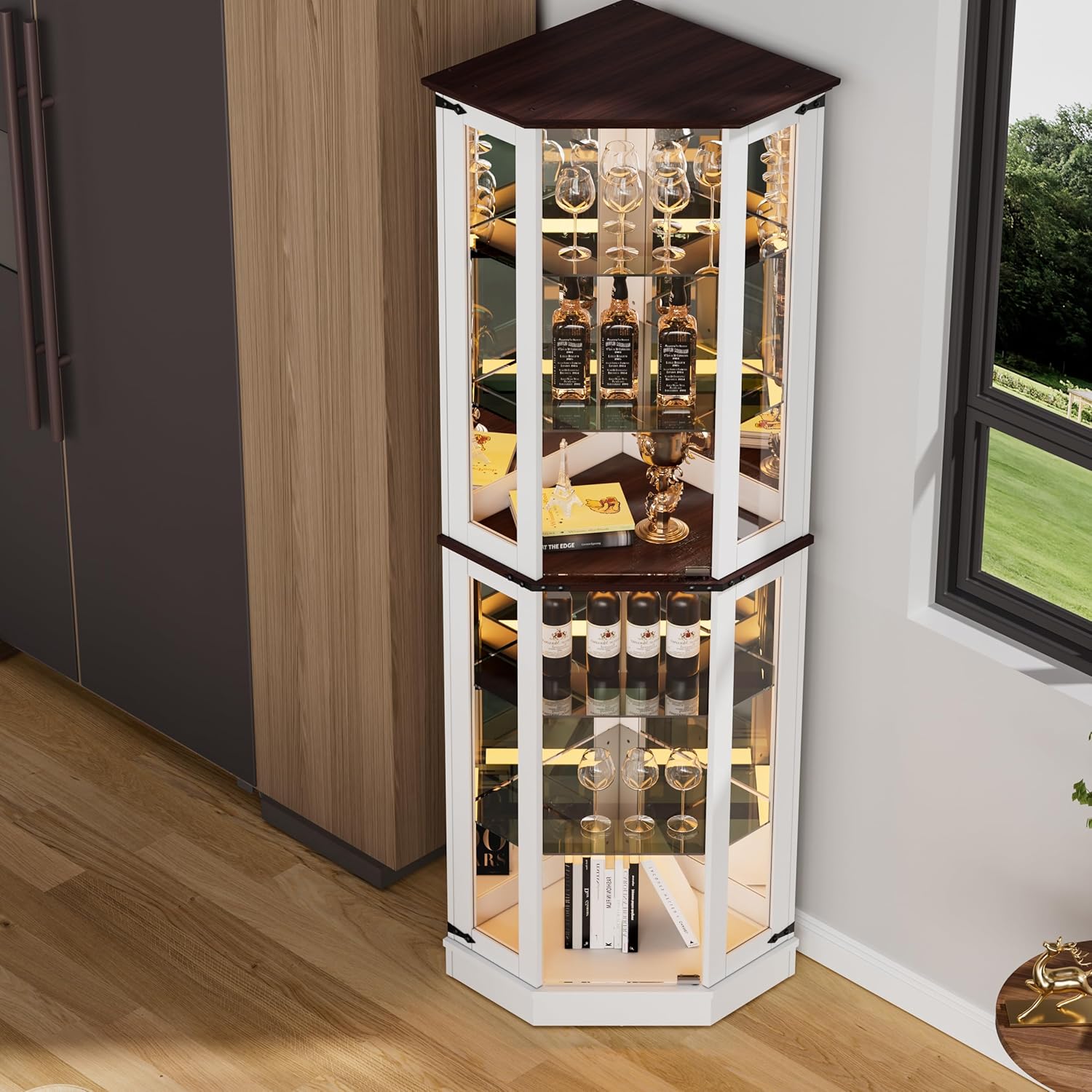PAKASEPT 71'' Farmhouse Display Curio Cabinet with LED Lights,Tempered Glass Doors,6 Shelves