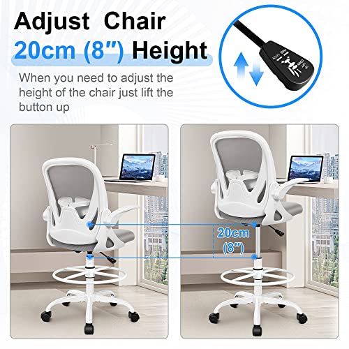 Primy Drafting Chair Tall Office Chair with Flip-up Armrests Executive Ergonomic Computer Standing Desk Chair with Lumbar Support and Adjustable