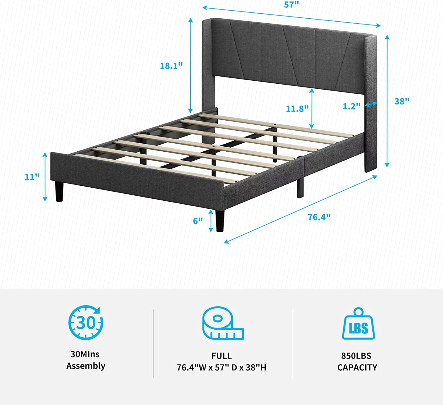 sell well Mjkone Full Upholstered Wingback Platform Bed Frame with Modern Headboard/Mattress Foundation with Wood Slat Support No Box Spring