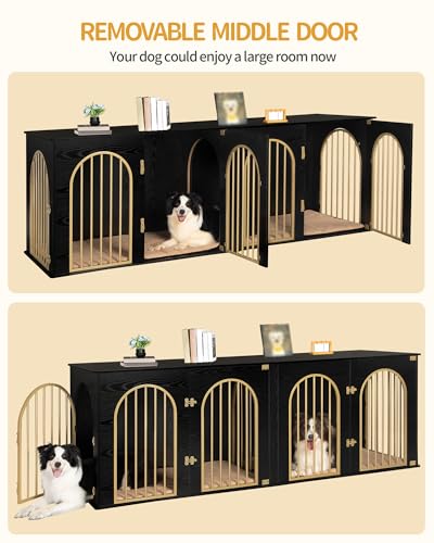 71" Dog Crate Furniture for 2 Dogs, Heavy Duty Indoor Dog Kennel TV Stand, XXL Wooden Dog Cage with Divider for Medium Large Dogs