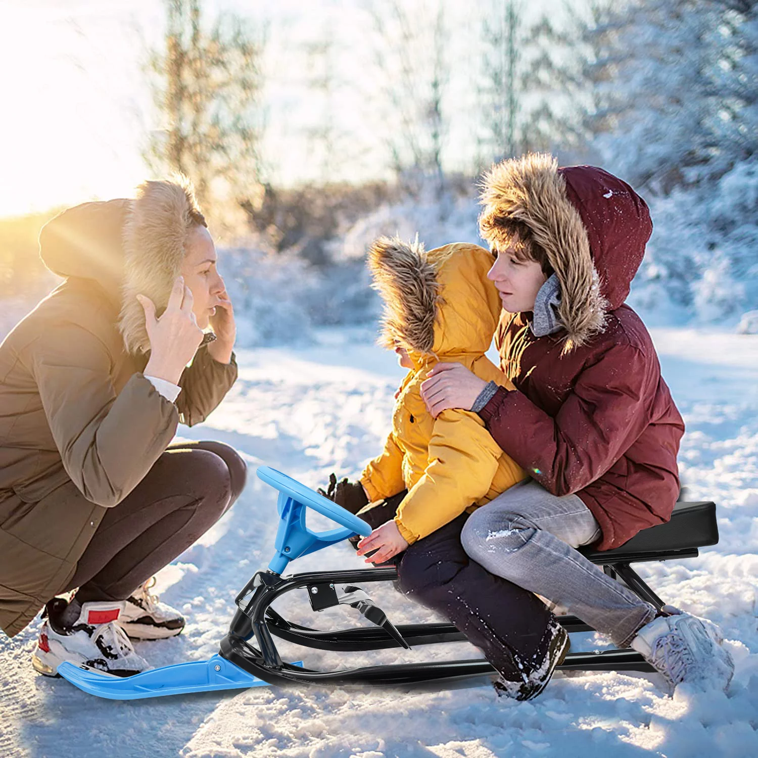 uhomepro Snow Racer Sled for Kids Toddlers Sports Toy, Classic Ski Slider Board with Steering Wheel, Twin Brakes, Durable Steel Frame