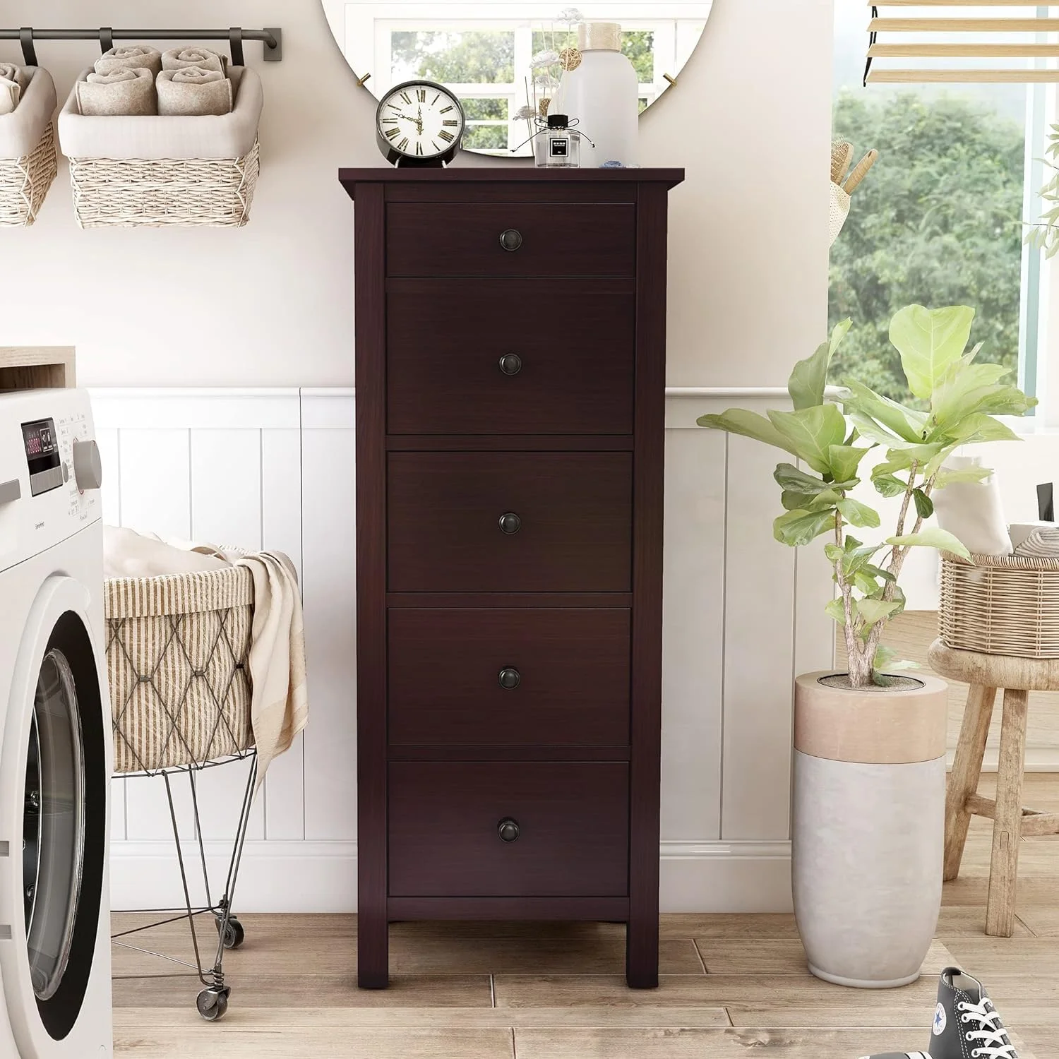 Kari Contemporary 5-Drawer 19 In. Wide Storage Chest. Tall Dresser For Bedroom. Hallway. Nursery. Closets. Espresso Brown