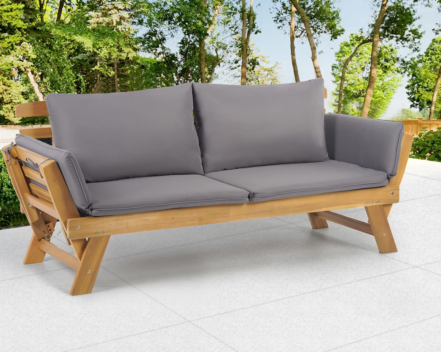 FDW Outdoor Couch Patio Couch Daybed with Adjustable Armrest, Wooden Loveseat with Cushion and Pillow, and Expandable Plate （Gray）