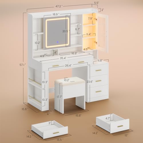 DICTAC Makeup Vanity Desk with Sliding LED Lighted Mirror, 47.2"W Large Vanity Desk with Drawers, Shelves and Side Storage, RGB Glass Cabinet