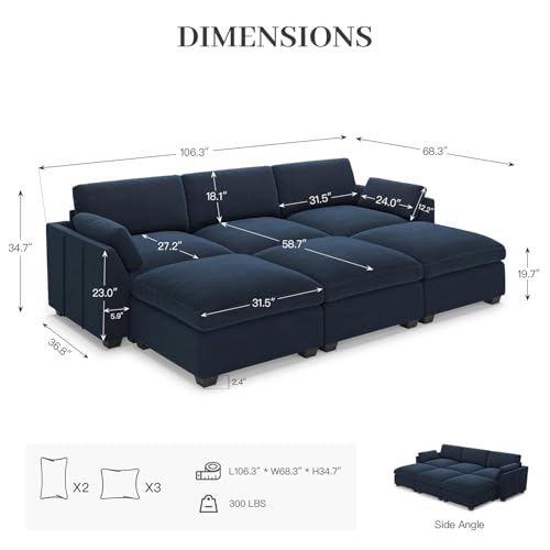 Belffin Extra Large Modular Sectional Sofa,106.3" 4-Seater L Shaped Couch,Velvet Convertible Sectional Couches for Living Room