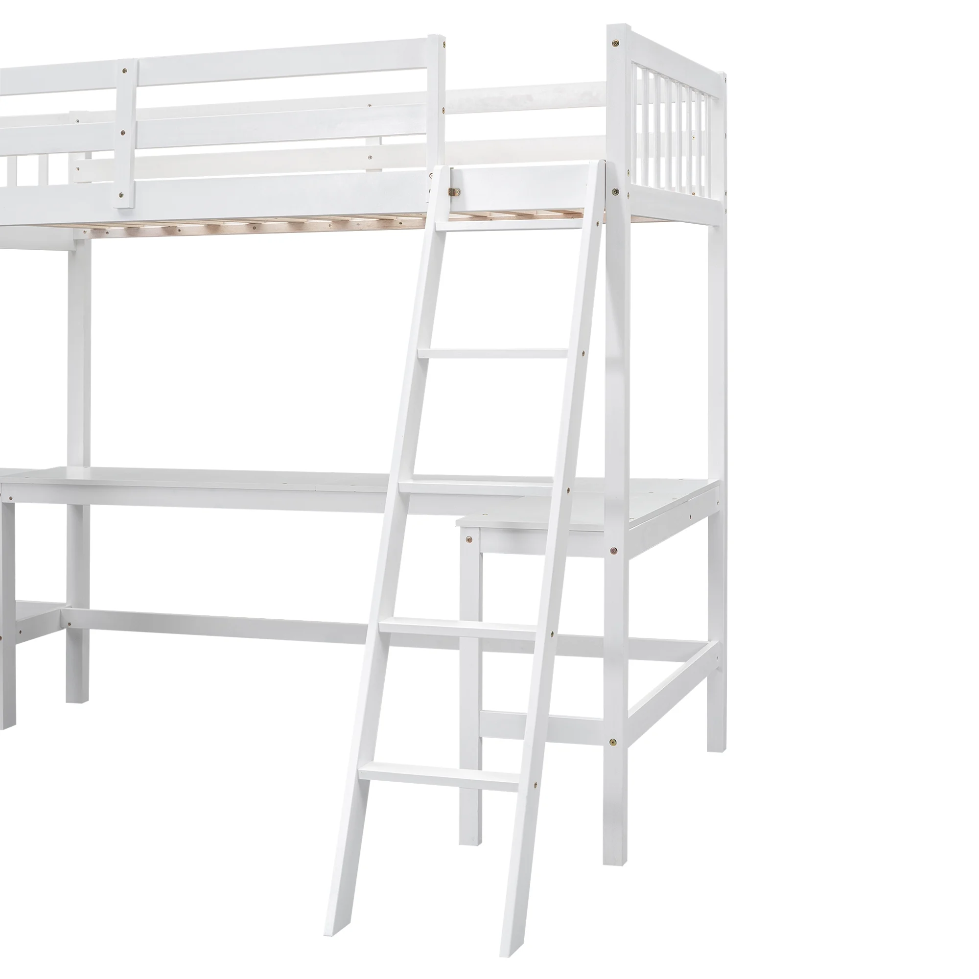 Euroco Twin Size L-Shaped Wood Loft Bed with Built-in Desks, 2-in-1 Loft Bed for Kids Teens Adults, White