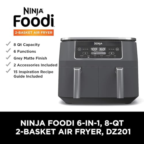 Ninja DZ401 Foodi 10 Quart 6-in-1 DualZone XL 2-Basket Air Fryer with 2 Independent Frying Baskets, Match Cook & Smart Finish to Roast, Broil