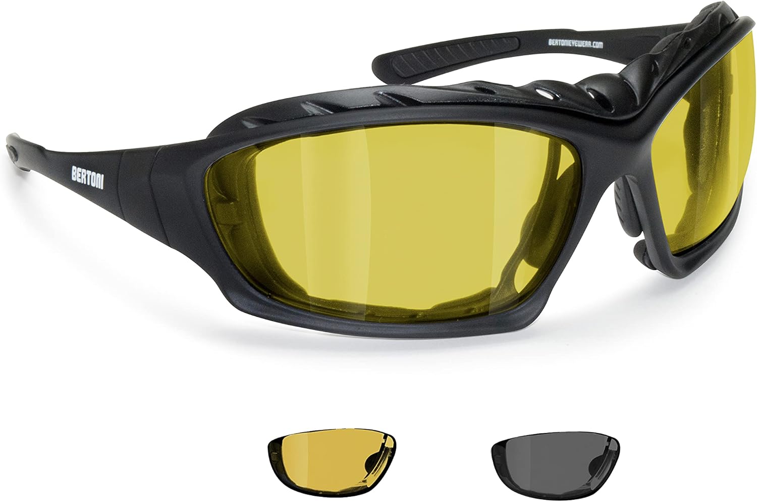 Bertoni Motorcycle Goggles Padded Glasses Photochromic Lens Removable Optical RX Clip Interchangeable Arms and Strap mod 366