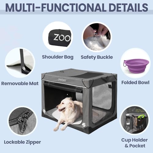 42" Portable Soft Dog Crate for Large Dogs - Collapsible Travel Kennel with Carry Bag, Foldable Cage with Durable Textilene Mesh Door, Plush Bed