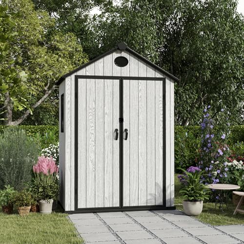 4.4x6 FT Resin Outdoor Storage Shed, 230 Cuft Garden Tool Sheds & Outdoor Storage Plastic Shed with Floor