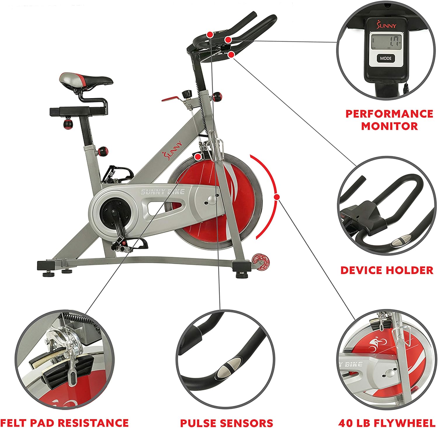 Sunny Health & Fitness Pro II Indoor Cycling Bike with Device Mount and Advanced Display – SF-B1995, Silver