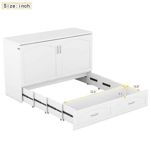 Queen Size Murphy Wall Bed with Storage, Bookcase Headboard, Solid Wood Cabinets, Shelves, Drawers and USB Ports