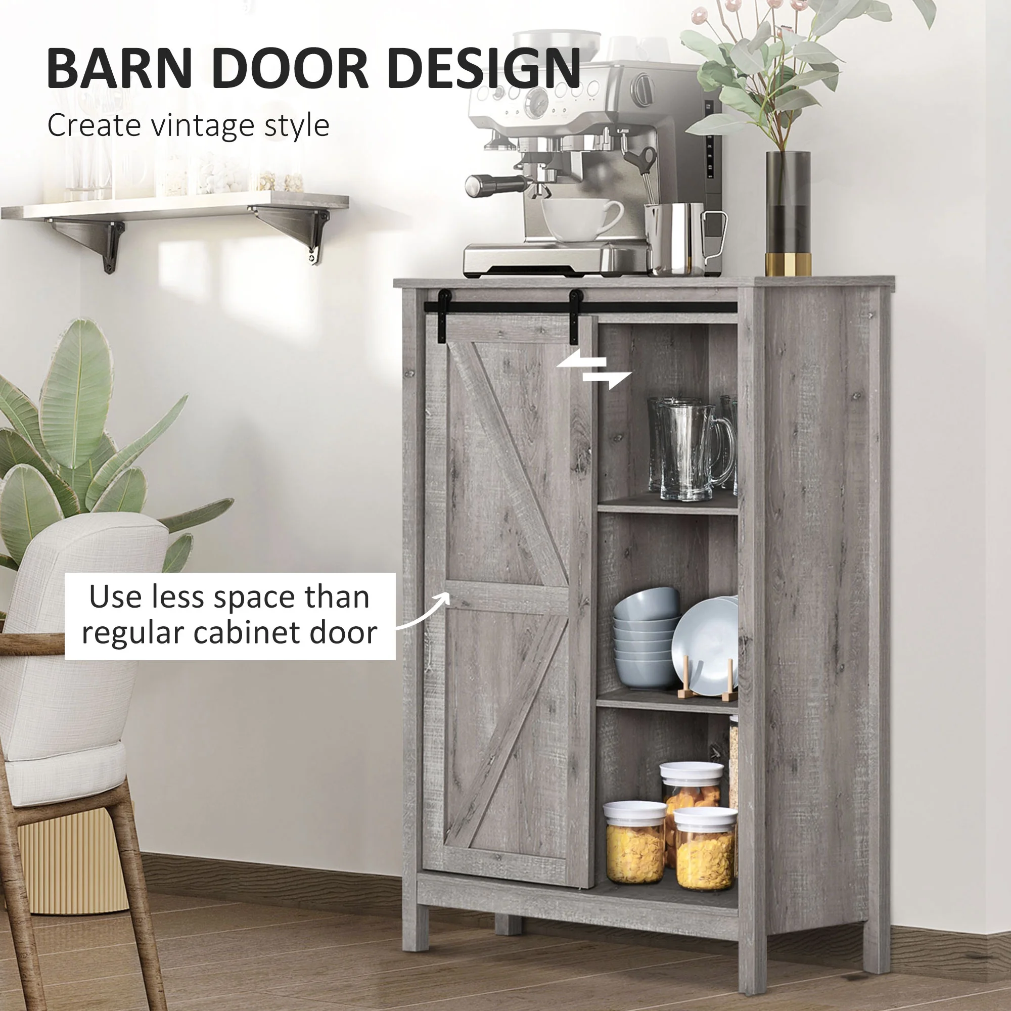 HOMCOM Farmhouse Accent Cabinet, Kitchen Cupboard Storage Cabinet with Barn Door and Adjustable Shelf, Grey Oak