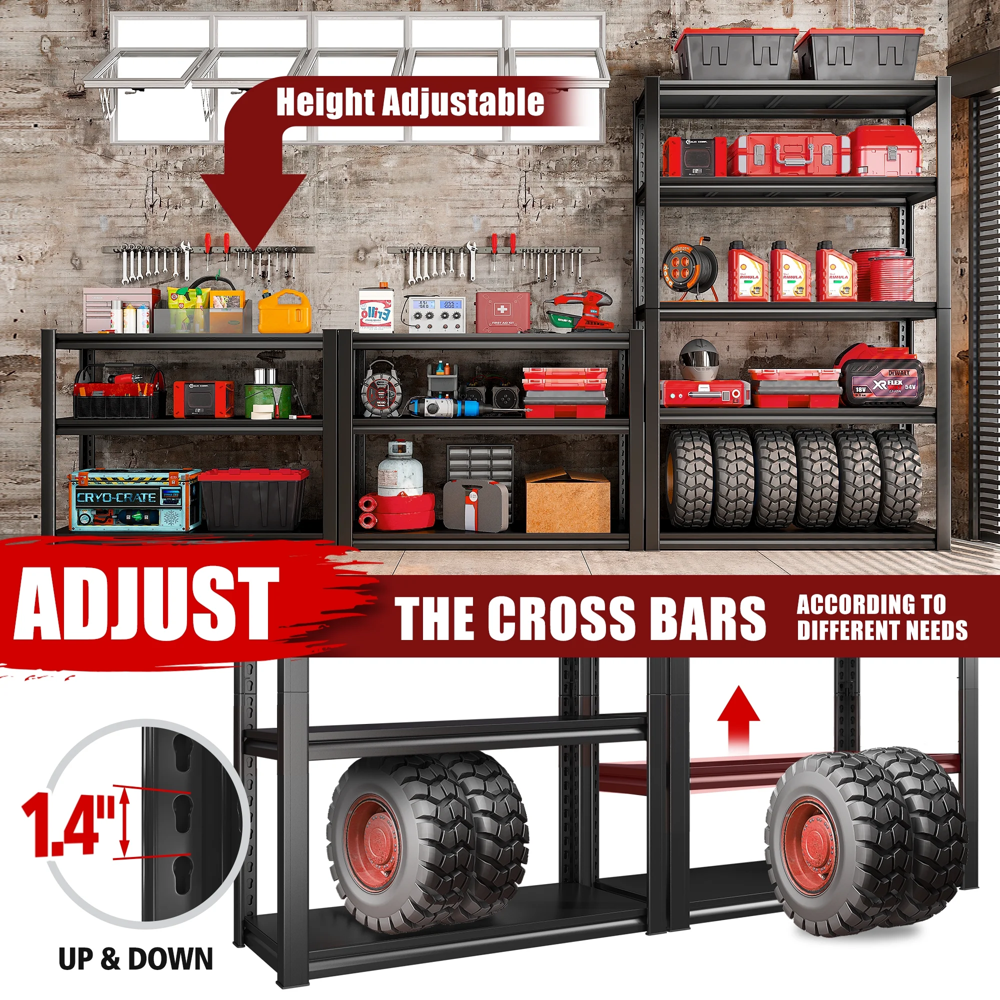 72"H 5-Shelf Garage Shelving Heavy Duty Storage Shelves for Garage Storage 2000Lbs Standing Metal Shelf Rack Adjustable Industial Shelving Unit for