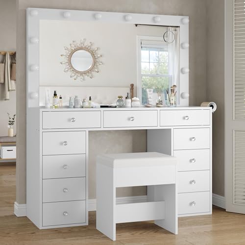 Vanity Desk & Power Outl, Makeup Vanity with Mirror and 12 LED Lights, Makeup Table with 11 Drawers, Vanity Table with Chair