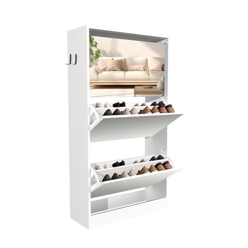 Mirror Shoe Storage Cabinet for Entryway, Narrow Shoe Cabinet Organizer with 3 Tiers