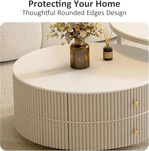 28IN Modern Coffee Tables - Wave Panel & Metal Frame | Nesting Round Coffee Table Set of 2, Dining Table for Home Living Room, Office (Glass)