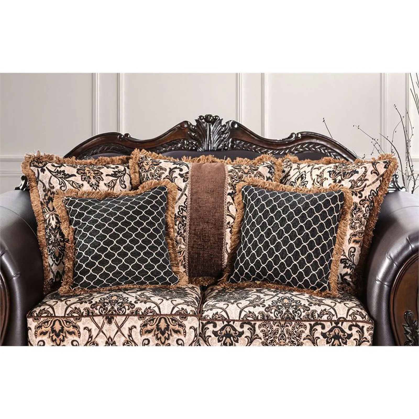 Furniture of America Conall Traditional Faux Leather Cushioned Loveseat in Brown