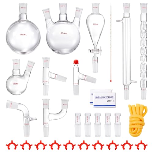 VEVOR New Laboratory Glassware 24/40 Chemistry Glassware 29PCS Chemistry Lab Glassware Kit 250 1000ml for Distillations Separation Purification