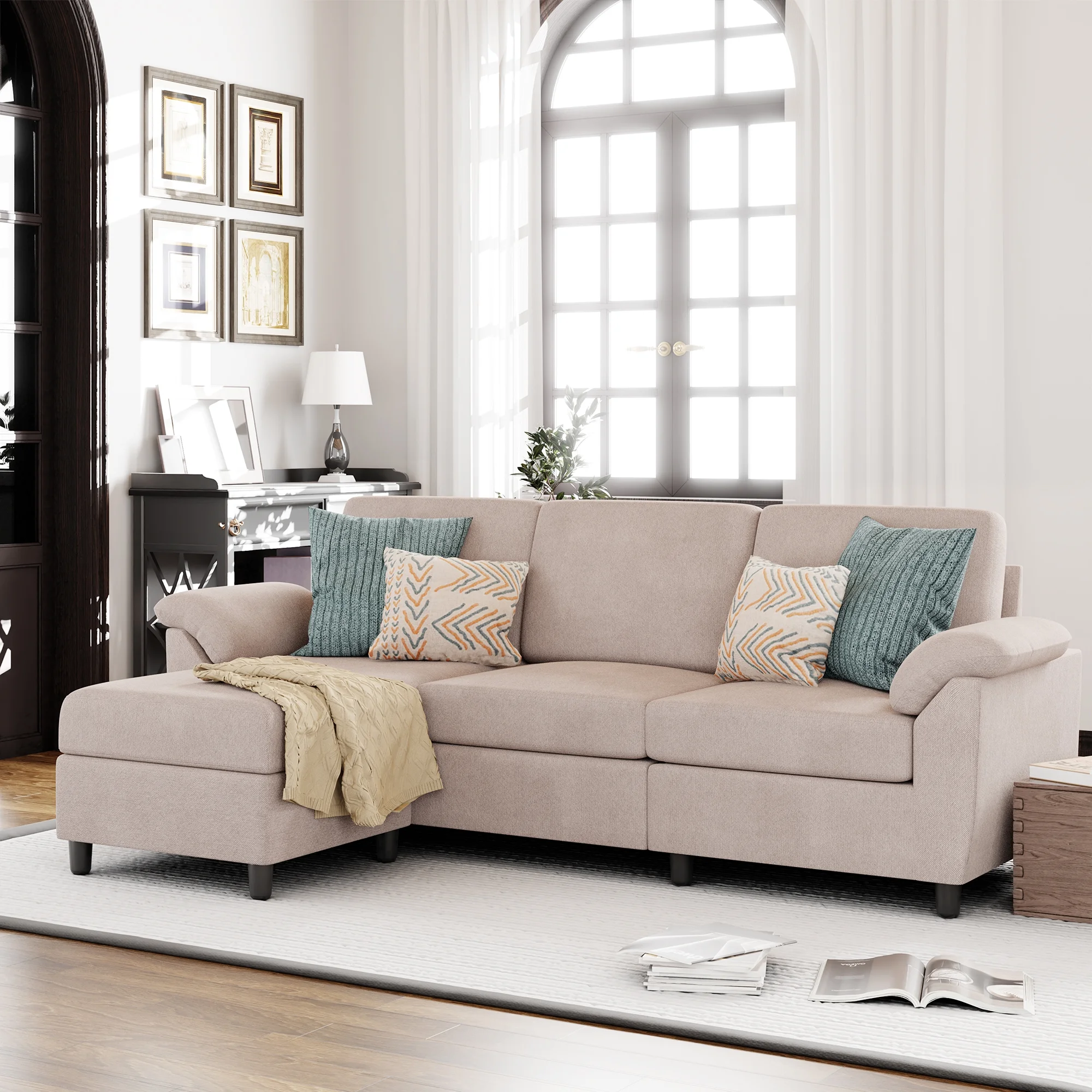 Walsunny 79 Convertible Sectional Sofa Couch,Linen Fabric L Shaped Sofa with Removable Pillows Dark Gray