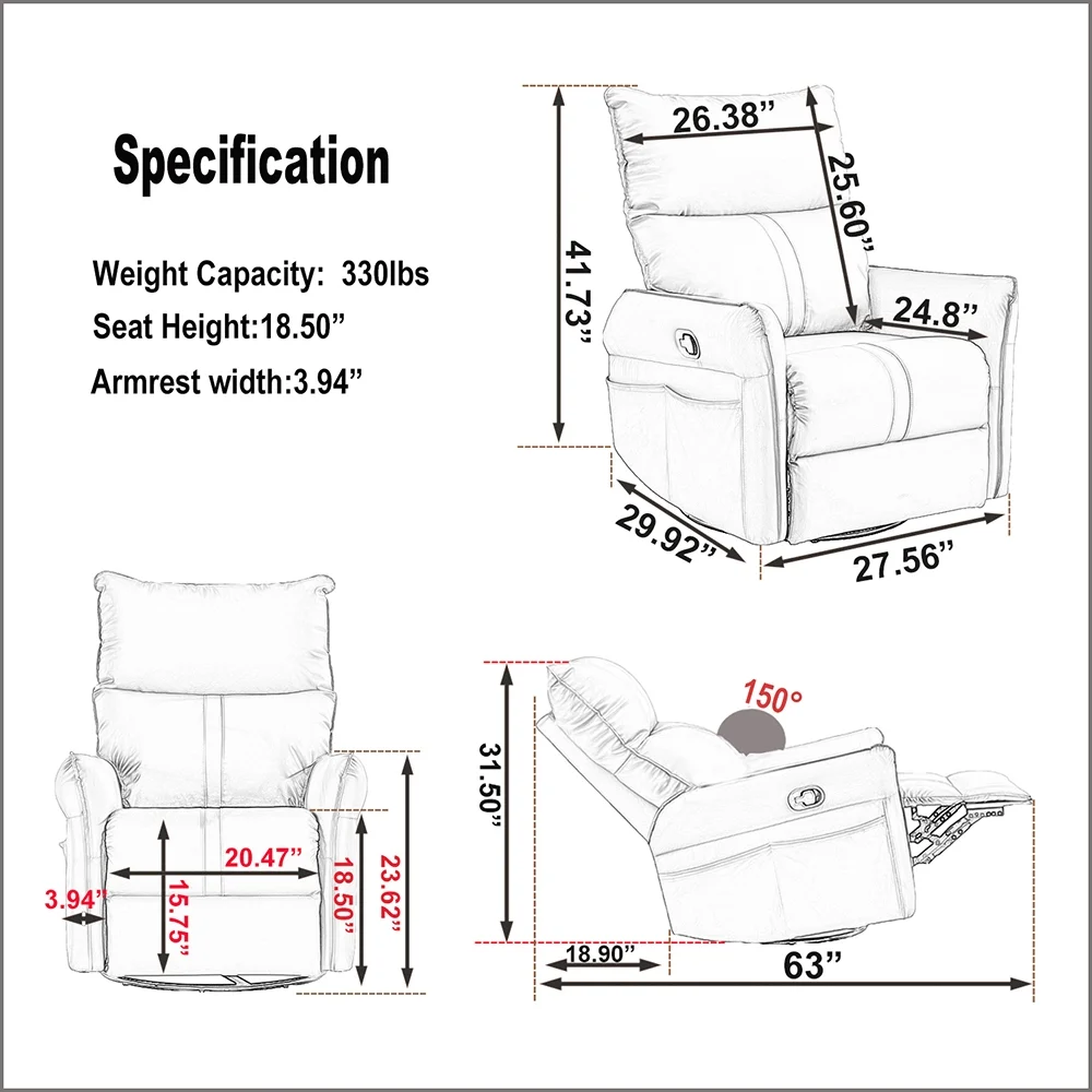 High Back Rocking Chair, Nursery Chair with Side Pocket, 360 Degree Swivel Single Sofa Chair, Lazy Sofa Balcony Reclining Chair