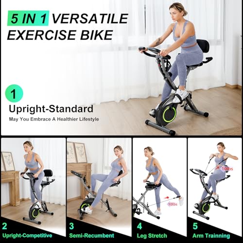 Foldable Exercise Bike Stationary Bikes for Home, 5 IN 1 Indoor Workout Bike, Cycling Bike with 16-Level Quiet Magnetic Resistance