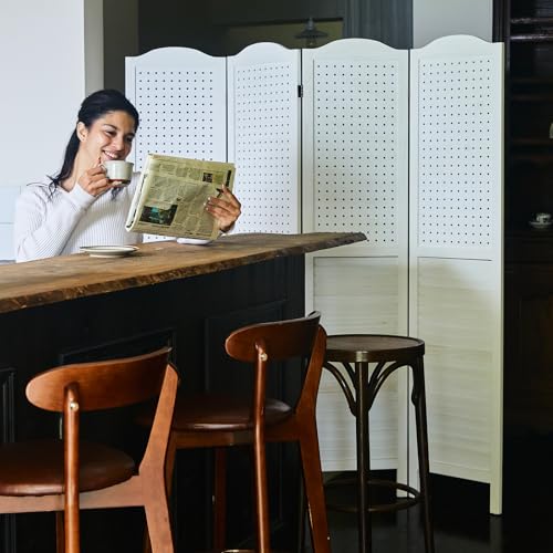 Room Divider Freestanding Folding Pegboard Privacy Screen | 4-Panel Display Stand for Jewelry, Craft Shows, Retail | Natural Wood