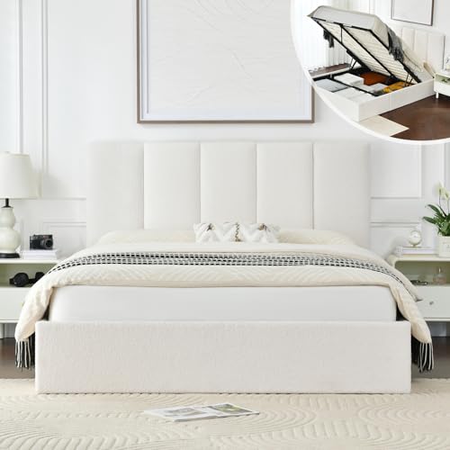 VELOCAVA Queen Size Lift-Up Storage Bed, Upholstered Boucle Bed with Curved Headboard, Rounded Corners, Sturdy Wooden Slat Support