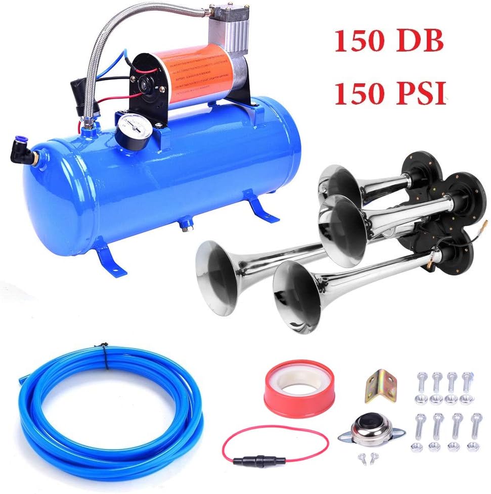 150DB Train Air Horn Kit, 4 Trumpet Loud Train Horns Kit for 150 PSI 12V Air Compressor 1.59 Gallon for Trucks, Cars
