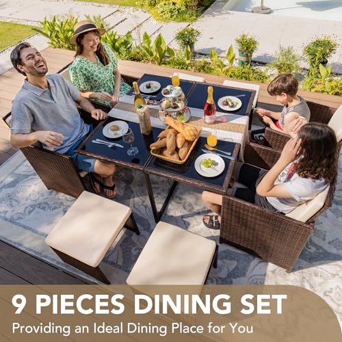 Devoko 9 Pieces Patio Dining Sets Outdoor Space Saving Rattan Chairs with Glass Table Patio Furniture Sets Cushioned Seating and Back Sectional