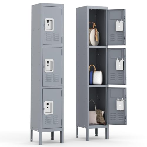 3 Doors Lockers for Employees, Steel Storage Lockers Lockable, Metal Locker Storage Cabinet for Home Office School Gym, Require Assembly (Grey)