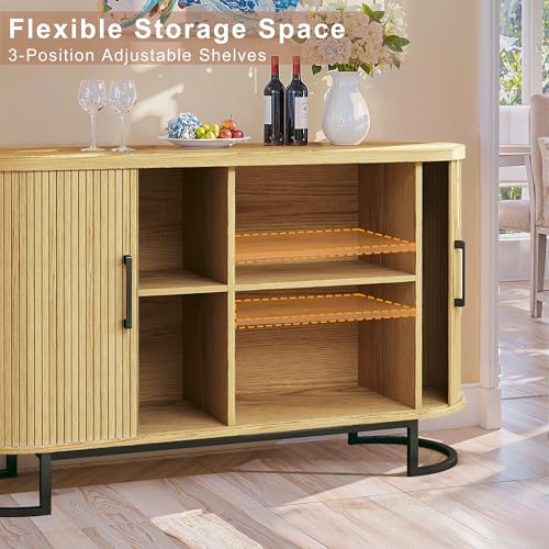 Sideboard Buffet Cabinet with Storage, 54.3" Fluted Tambour, Adjustable Shelves, Mid Century Modern Console for Living Room Kitchen Walnut