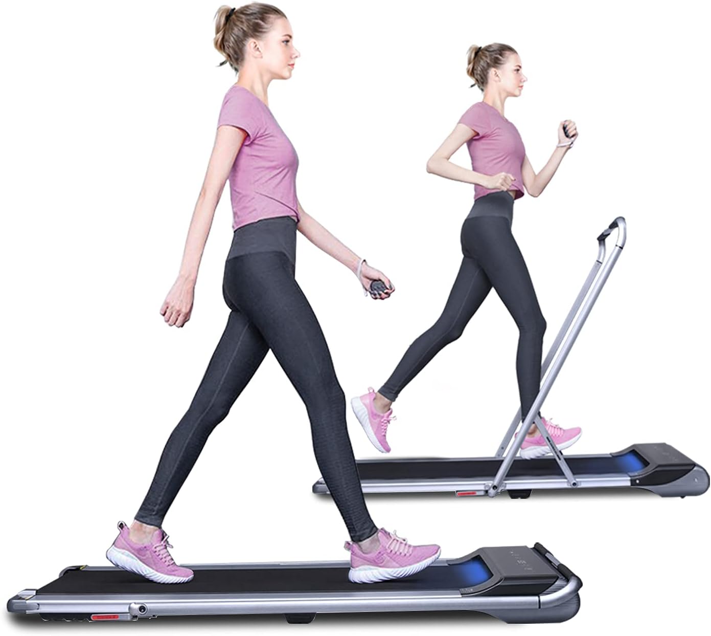 RHYTHM FUN Treadmill Under Desk Treadmill 2-in-1 Folding Running Walking Treadmill with Foldable Handtrail and Speed Sensor Light Slim Mini Quiet